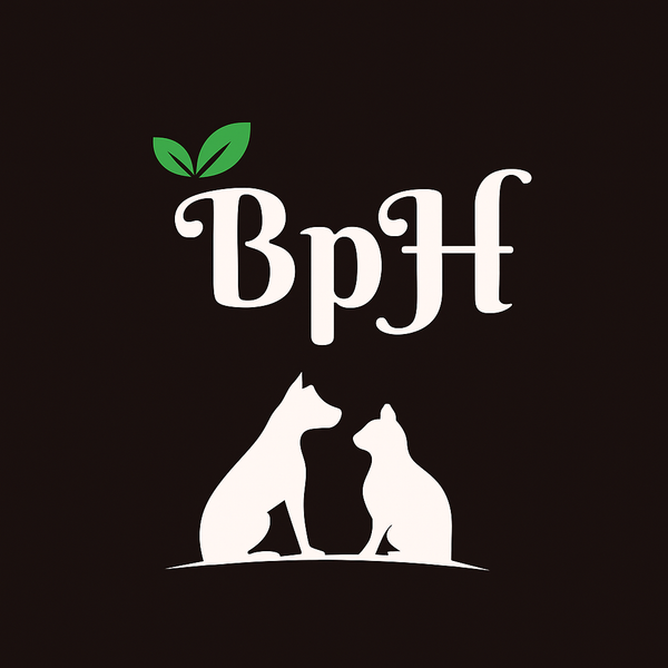 BalancedpetHealth logo with the initials ‘BpH’ in a stylish script font, topped with a green leaf symbol, and silhouettes of a dog and cat sitting together below, on a dark background.